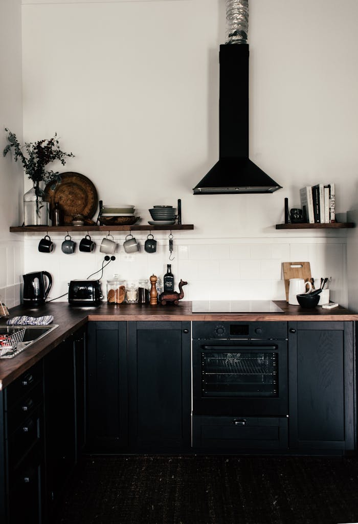 Services Interior of contemporary kitchen with black wooden cupboards and shelves with various utensils and appliances